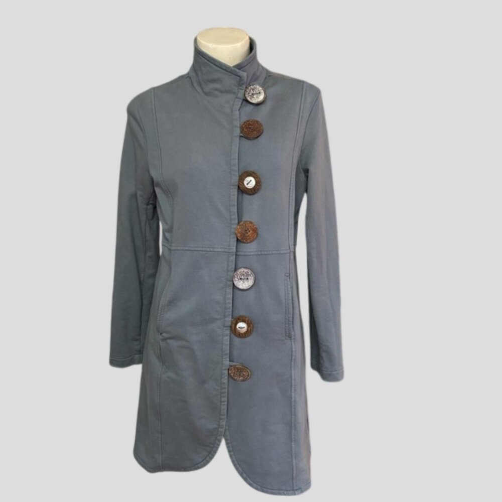 Neon Buddha Pewter Blue Long Jacket Large Buttons Mandarin Collar